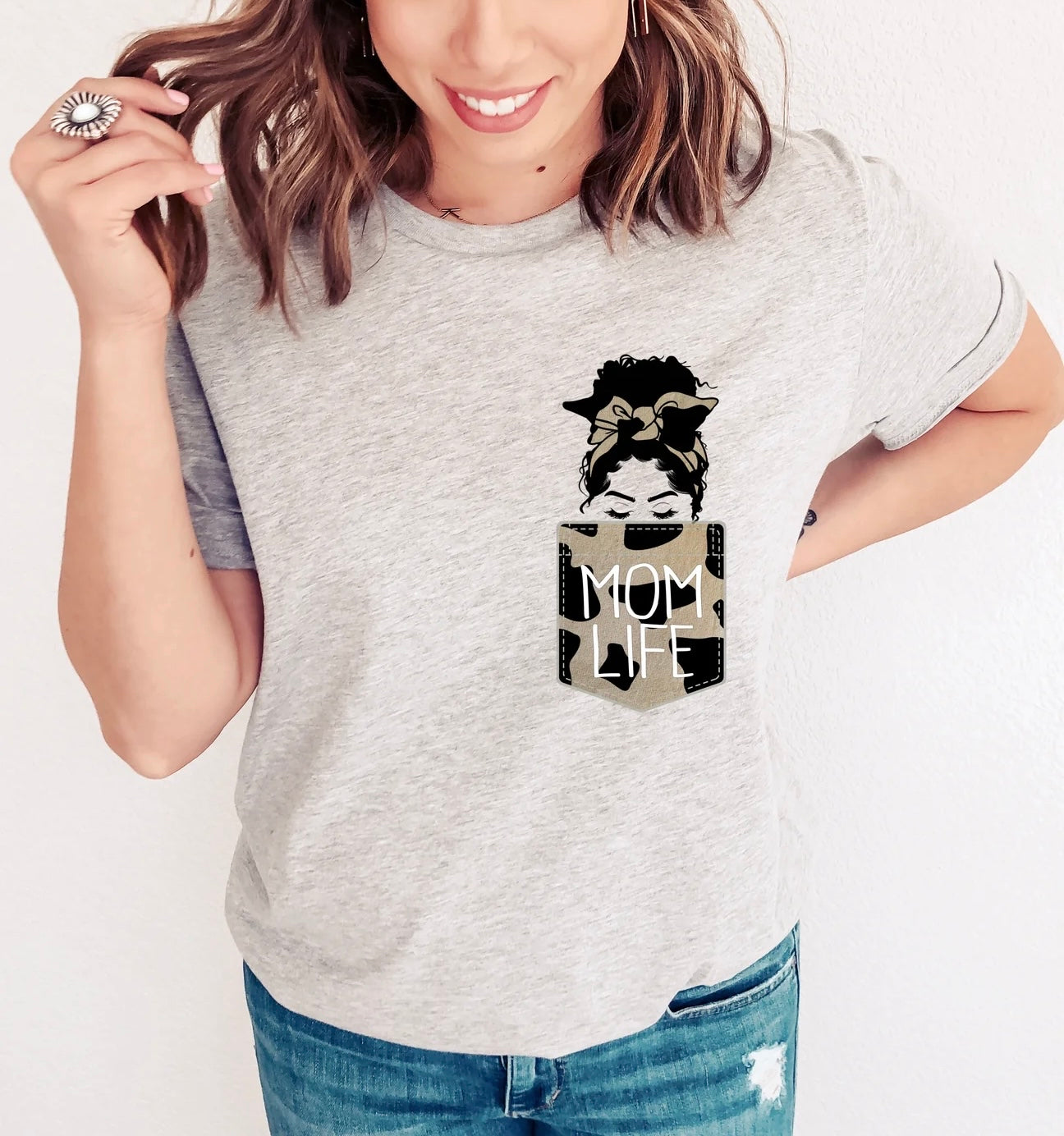 Mom Life Pocket - Cow Print - MADE TO ORDER
