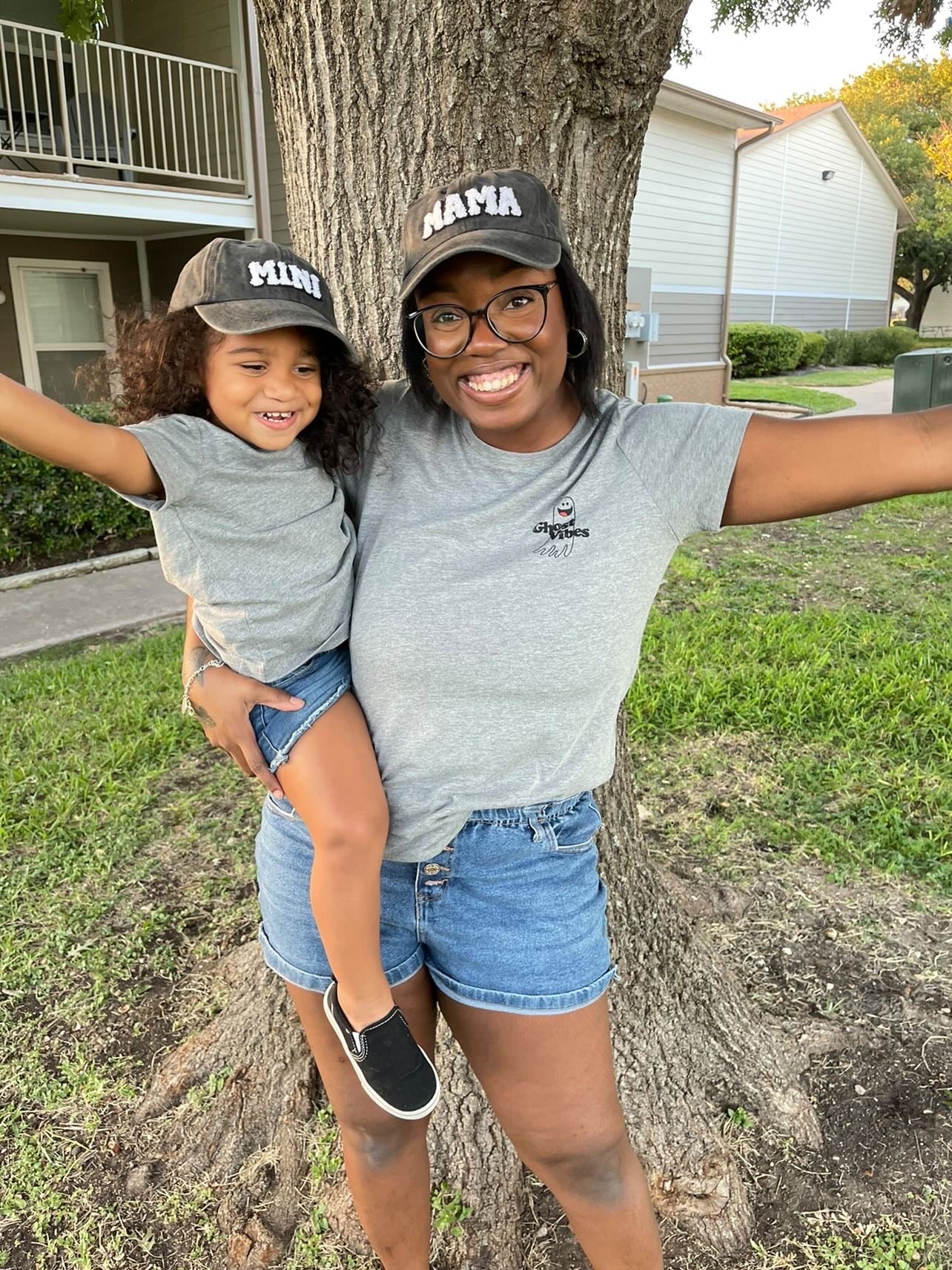 Mom and store son matching hats